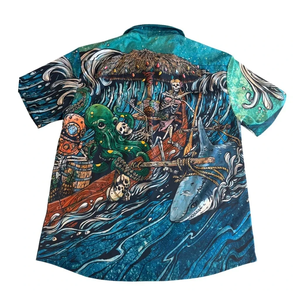 Hardaddy Mens Button Down Shirt Sea Monster Skeleton Tiki Blue M Hawaiian
